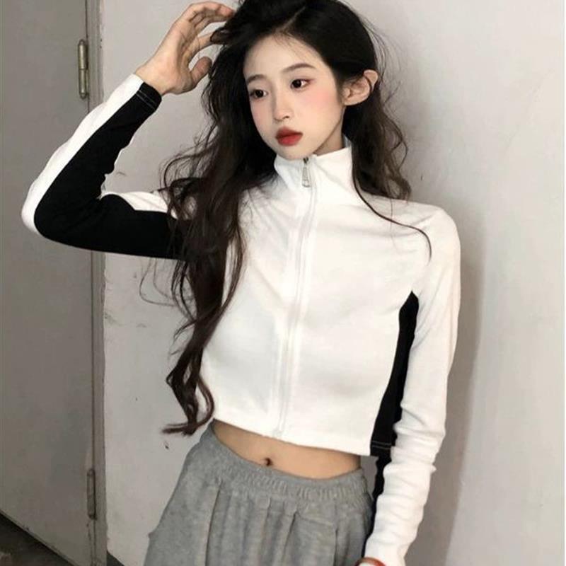 纯欲风拼色立领短款外套女秋季2025新款休闲运动洋气修身显瘦上衣