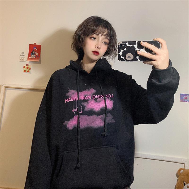 秋冬2025新款加绒加厚复古日系卡通印花连帽宽松BF风长袖卫衣女装
