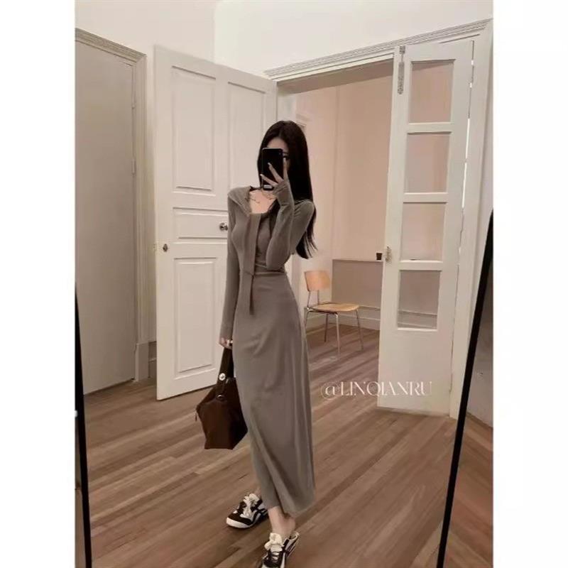 法式感披肩系带假两件针织连衣裙女秋冬纯欲温柔气质打底长裙