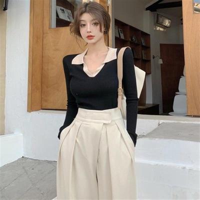 秋冬新款长袖针织打底衫女性感v领纯欲风内搭设计感小众别致上衣