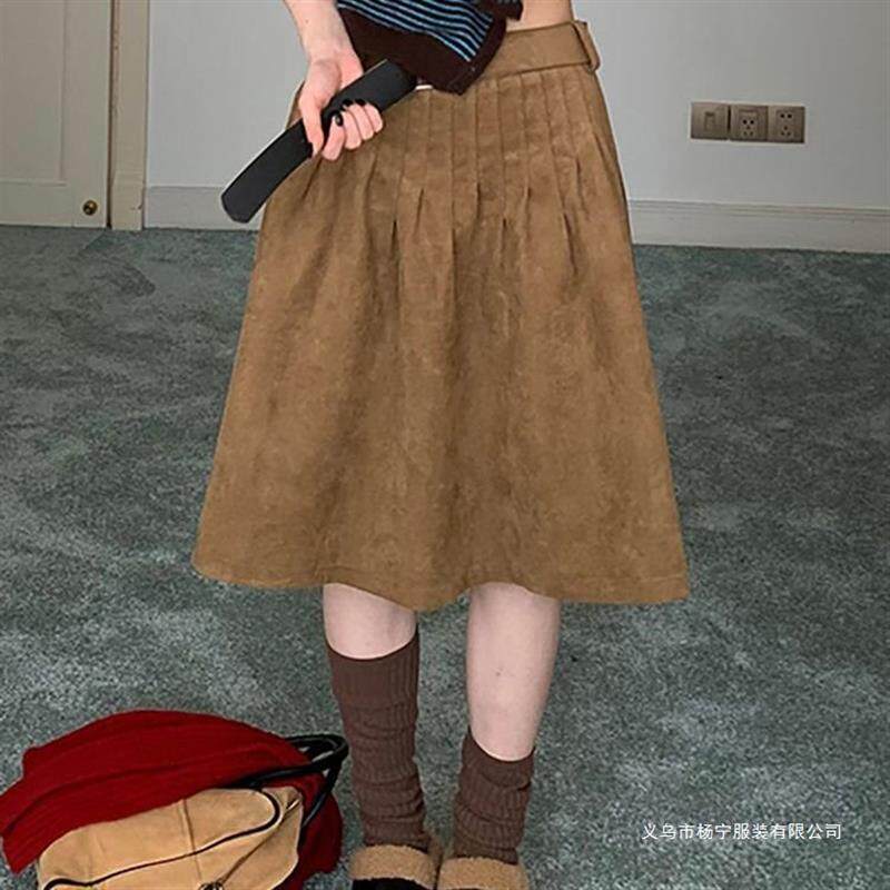 复古鹿皮绒百褶半身裙女2025秋冬新款洋气高腰显瘦百搭中裙子