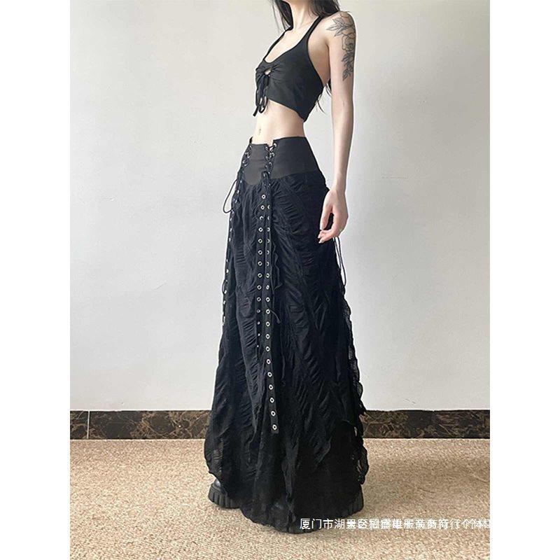 美式复古气质蕾丝网纱拼接半身裙秋冬感觉感高腰显瘦绑带字长裙