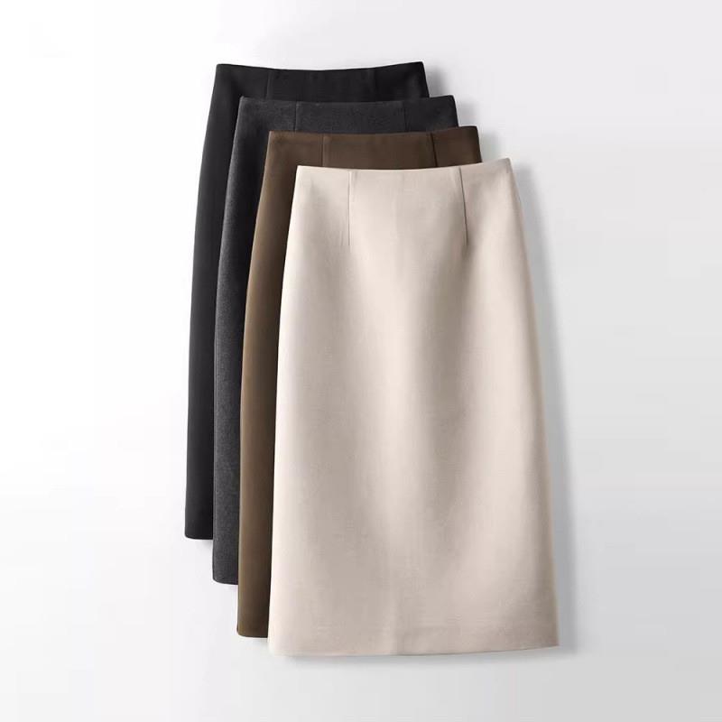 秋冬新款毛呢半身裙女中长款小个子a字高腰开叉包臀一步裙