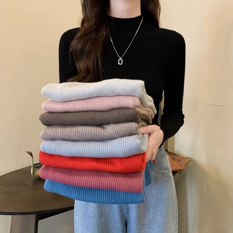 螺纹纯色半高领修身打底衫女秋冬弹力保暖洋气内搭毛衣针织衫上衣