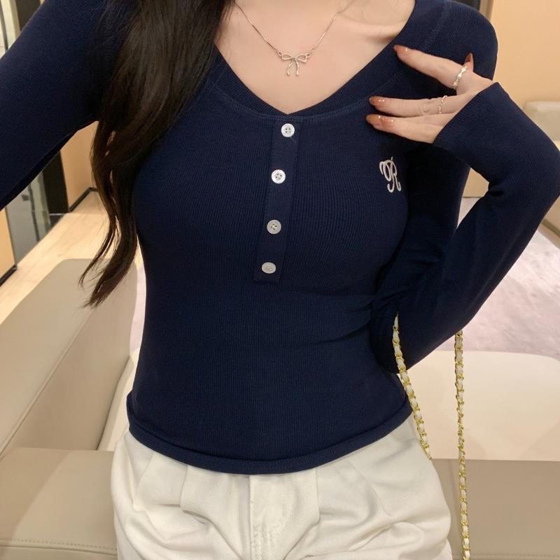 533#实拍 40支纯棉(92棉/8氨纶) 2025秋装长袖T恤女V领刺绣