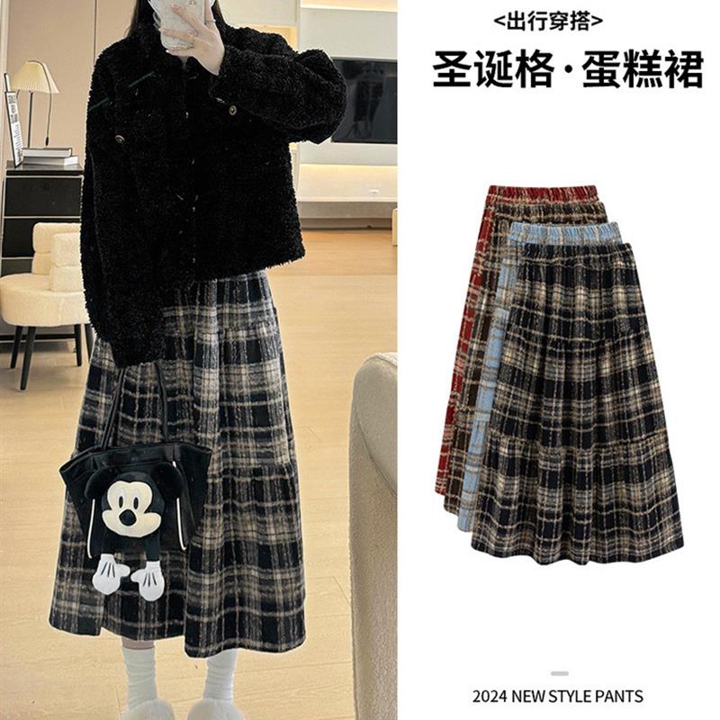 黑色格子裙女春秋2025新款慵懒风显瘦a字蛋糕裙中长款毛呢半身裙