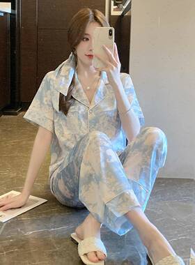 高级感桑蚕丝真丝睡衣女夏薄款开衫短袖长裤套装网红爆款家居服