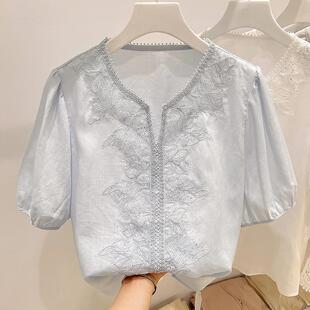 衬衫 气质V领刺绣钩花拼接套头短袖 女夏季 薄款 2025新款 雪纺衫 法式
