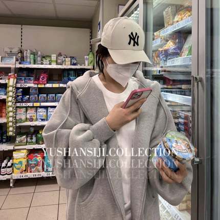 UUSSAN 慵懒风连帽241秋冬新款加绒加厚卫衣宽松休闲外套女灰黑