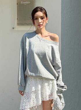 浅布调QBD 春秋新款大圆领斜肩卫衣灰色慵懒感宽松显瘦长袖上衣女