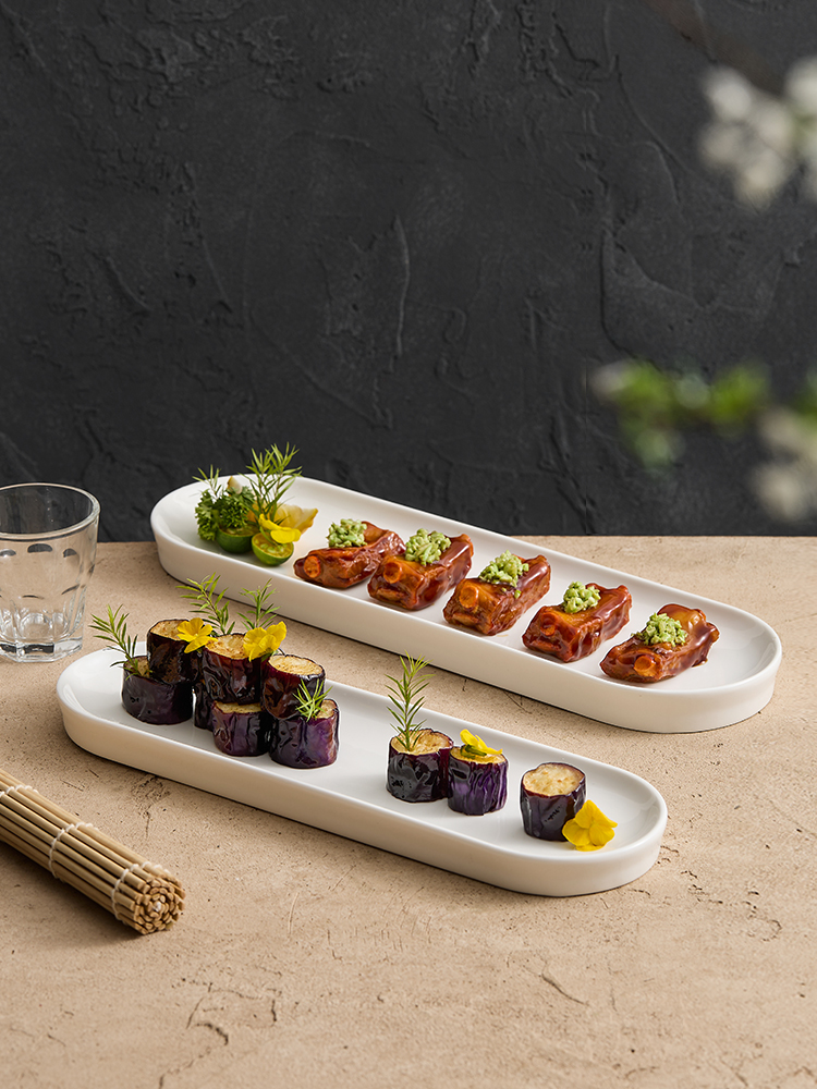 寿司摆盘日式白色意境菜私房中式酒店餐具创意蛋糕点心盘子长条盘