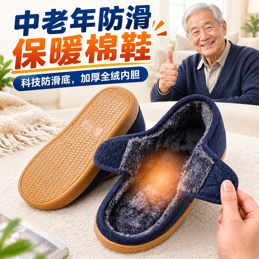 日本中老年人防滑棉鞋男室内家居包跟女加绒保暖爸爸棉拖鞋可外穿