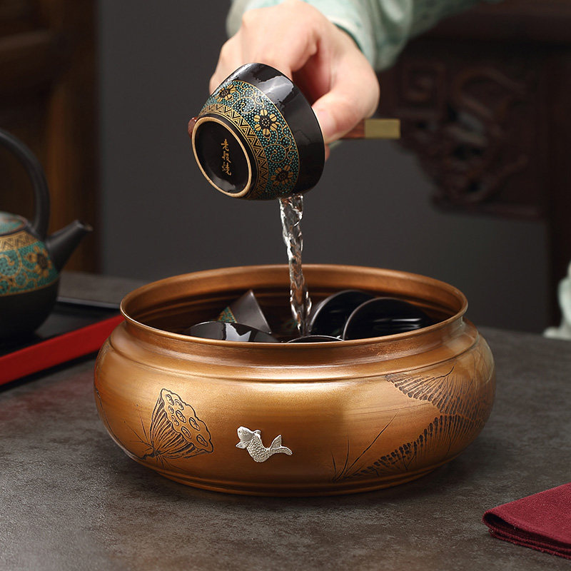 金芝达纯铜茶洗特大号家用建水性笔洗覆古水盂茶渣缸茶道茶具配件