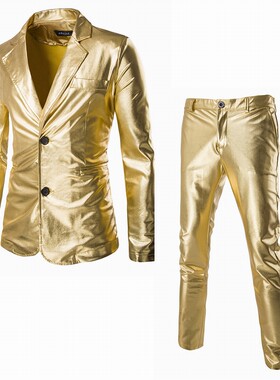 男士金色亮面仿皮西装烫金西服外套长裤两件套歌手主持人舞台礼服