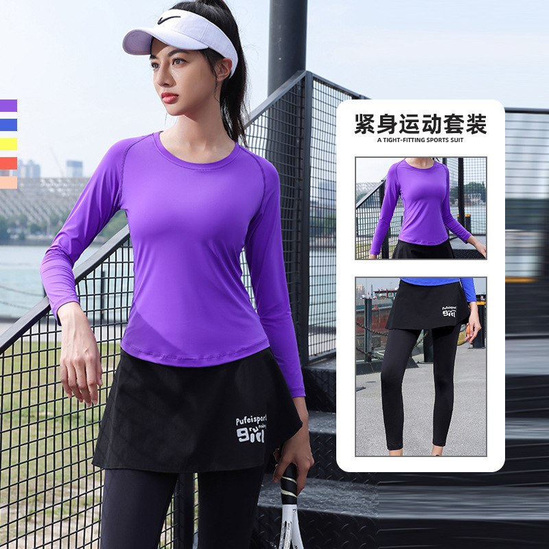 女士跑步健身长袖T恤假两件紧身网球运动裙裤瑜伽上衣九分裤套装