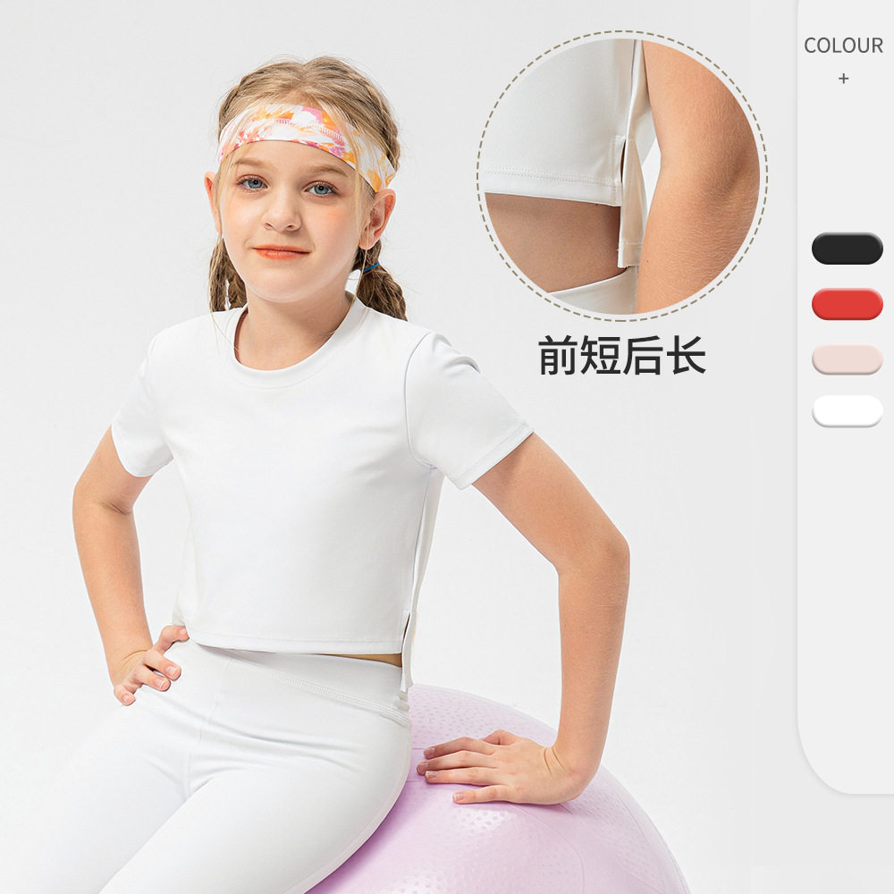 夏季儿童前短后长运动上衣舞蹈健身训练服女孩跑步瑜伽短袖T恤衫