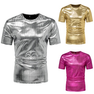 金色亮面男圆领短袖T恤舞蹈演出酒吧表演服夜店歌手大码银色上衣