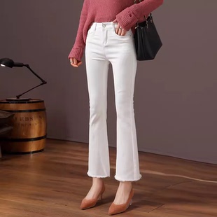 高端白色女裤春夏款女高档轻奢高腰微喇八分九分8分9分牛仔裤女
