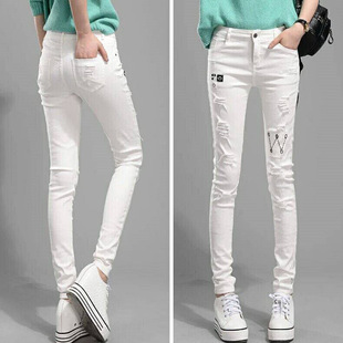 高端品质2025夏季破洞牛仔裤女高腰弹力修身小脚铅笔裤女学生长裤