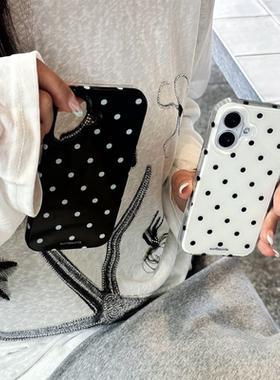 韩系小众博主黑白波点iPhone17ProMax双层IMD手机壳13/14plus华为16/15Pro情侣款11/12p红小米x/xs防摔保护套