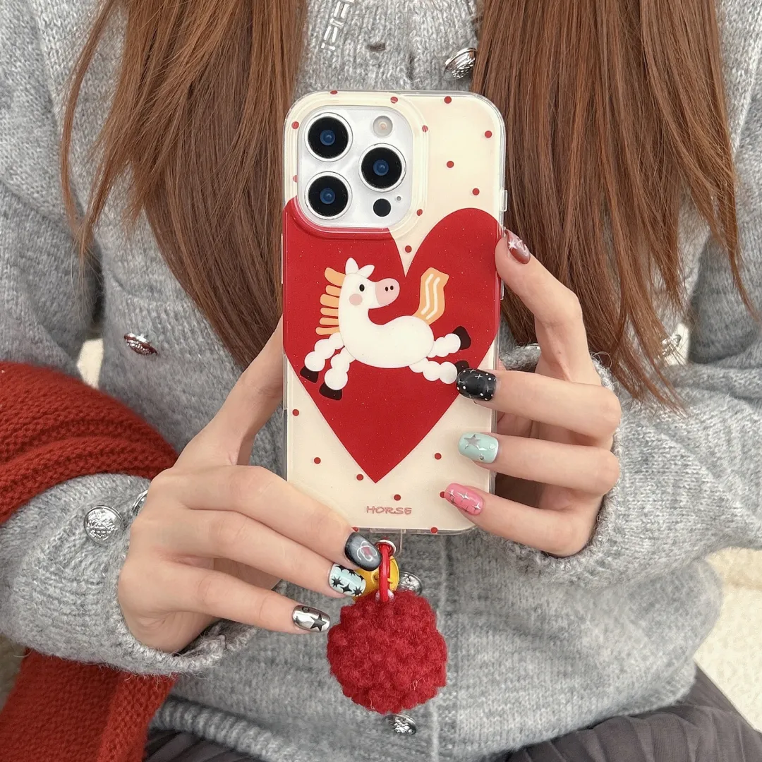 好运爱心小马iPhone17ProMax双层IMD手机壳13/14plus华为16/15Pro博主同款7/8挂绳款11/12荣耀x/xs防摔保护套