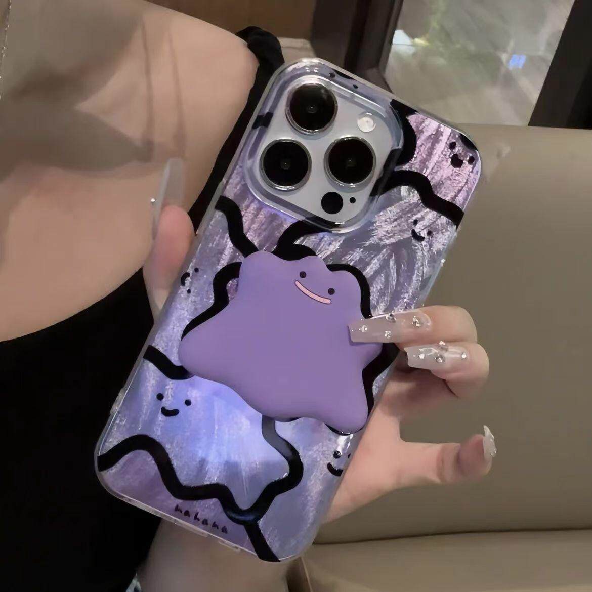 可爱紫色幽灵iPhone17ProMax羽纱手机壳13/14plus华为16/15Pro小米红米7/8不撞款11/12荣耀x/xs/xr防摔保护套