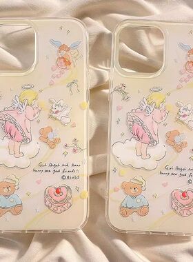 小熊天使女孩iPhone17ProMax双层IMD手机壳13/14plus华为15/16Pro小米红米7/8不撞款11/12荣耀x/xs防摔保护套