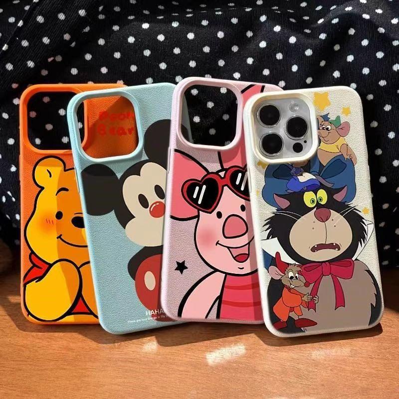 迪士尼合集iphone15皮纹手机壳15ProMax苹果16p高级感14plus趣味12/13p个性爆款x/xs男女xsmax个性全包防摔壳