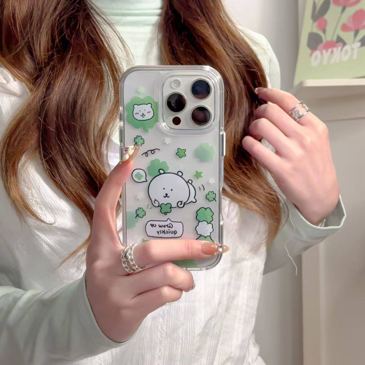 四叶草自嘲熊iPhone17ProMax大孔透明手机壳13/14plus不撞款16/15ProMax小众7/8可爱11/12苹果x/xs防摔保护套