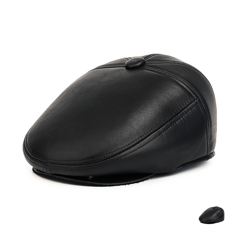 中老年人帽子爸爸爷爷老人老头男冬季黑色pu皮帽子保暖护耳鸭舌帽