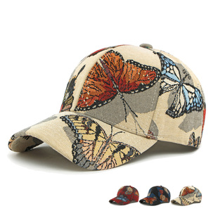 民族风帽子硬顶棒球帽女春秋个性时尚蝴蝶刺绣鸭舌帽遮阳帽妈妈帽
