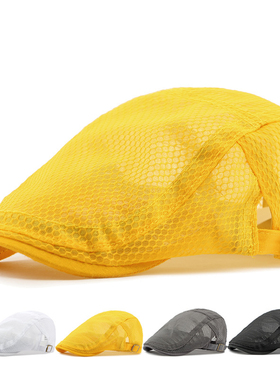 黄色贝雷帽春秋新款全网眼薄款透气鸭舌帽英伦复古前进帽画家帽子