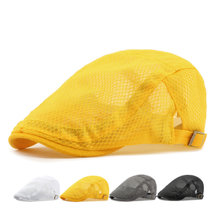 黄色贝雷帽春秋新款全网眼薄款透气鸭舌帽英伦复古前进帽画家帽子