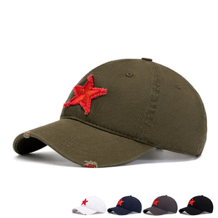 五角星棒球帽男女士春夏新款红五星帽子刺绣做旧破洞鸭舌帽老人帽