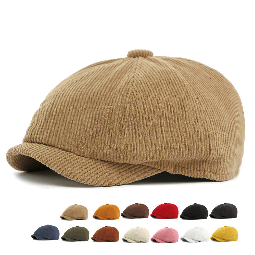 灯芯绒帽子八角贝雷帽男女秋冬新款加厚保暖鸭舌帽英伦复古报童帽