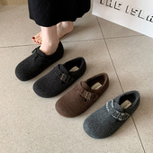 毛绒保暖勃肯鞋 全包皮带扣圆头平底单鞋 宽胖脚大码 韩版 女鞋 41到43
