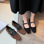 方头复古玛丽珍单鞋 41到43 女鞋 浅口一字带平底粗跟单鞋 宽胖脚大码