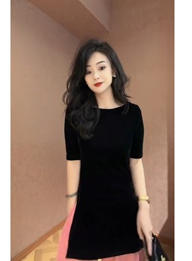 2026夏季新款休闲风黑色中长款开叉短袖衬衫圆领套头修身显瘦上衣