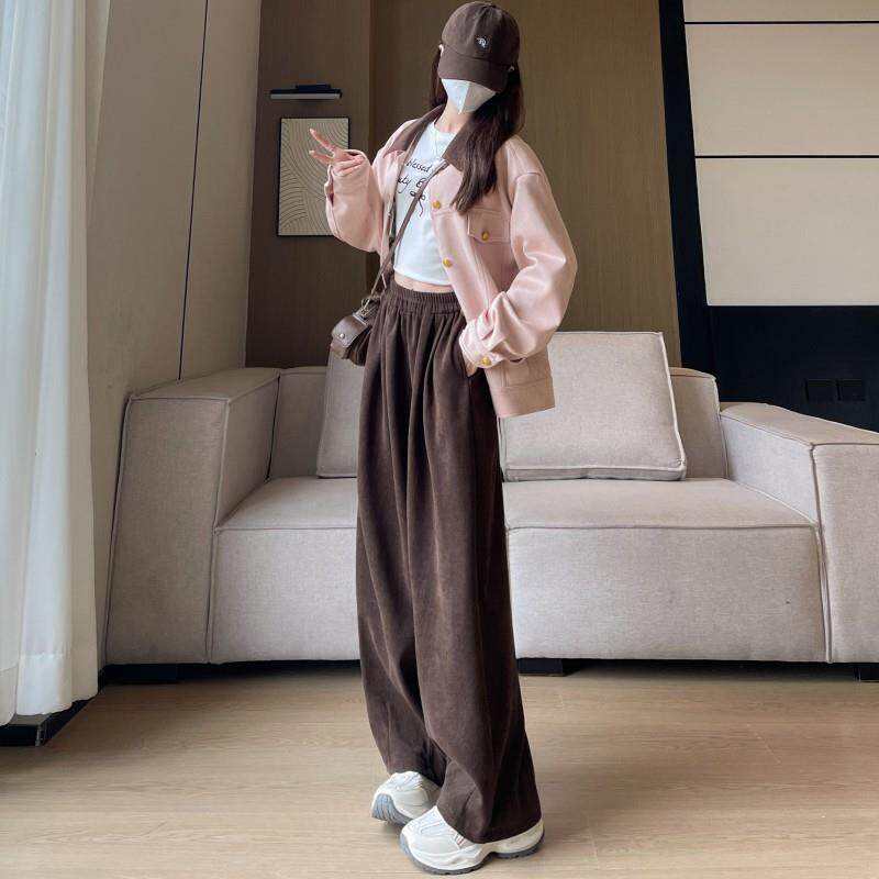 复古咖色慵懒风阔腿裤女春秋新款高腰宽松垂感针织拖地直筒休闲裤