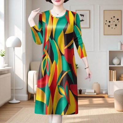 春夏秋冬新款气质长袖连衣裙女大码宽松洋气妈妈时尚显瘦中长裙女