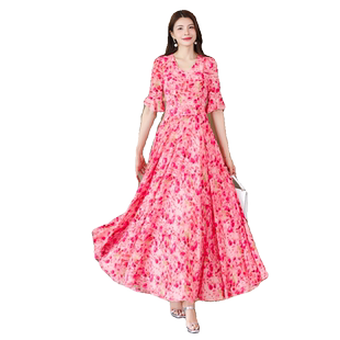 2025年春秋冬V领印花连衣裙收腰显瘦长裙妈妈款短款小个子沙滩裙