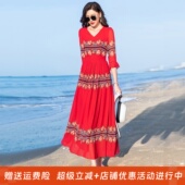 沙滩裙2025年夏V领印花大摆连衣裙收腰显瘦旅游度假长裙雪纺裙子