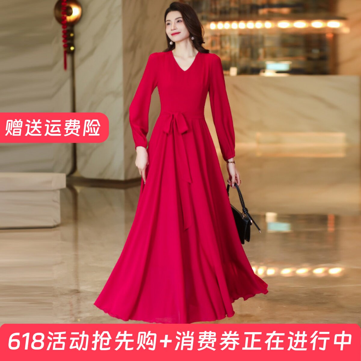 2026春夏季纯色大红色连衣裙收腰显瘦长裙妈妈款短款小个子沙滩裙