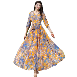 2025年春秋冬V领印花连衣裙收腰显瘦长裙妈妈款短款小个子沙滩裙