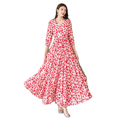 气质V领印花收腰显瘦连衣裙