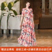 2025年春秋冬V领印花连衣裙收腰显瘦长裙妈妈款 短款 小个子沙滩裙