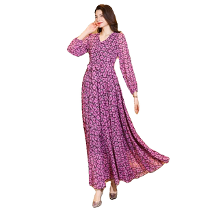 2025年春秋冬V领印花连衣裙收腰显瘦长裙妈妈款短款小个子沙滩裙