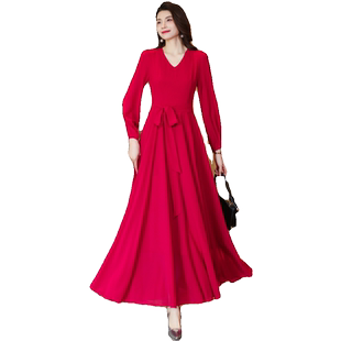 2025春秋冬纯色大红色连衣裙收腰显瘦长裙妈妈款短款小个子沙滩裙