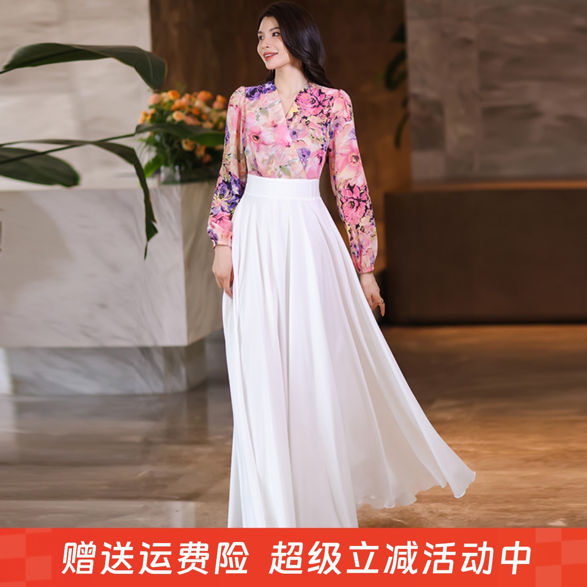2025年新款春夏秋白色大摆连衣裙收腰显瘦度假长裙雪纺裙沙滩裙