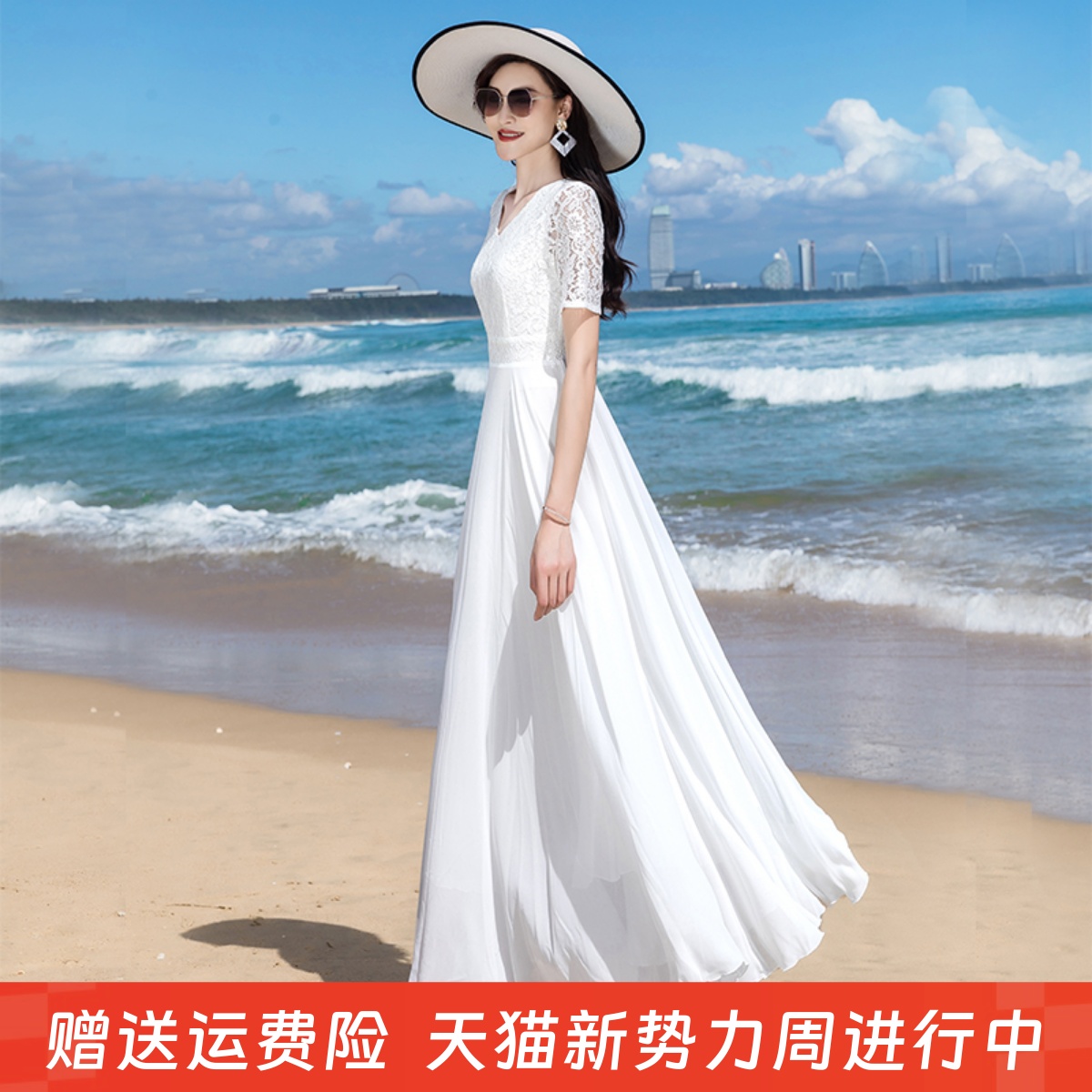 沙滩裙2025年春夏新款蕾丝大摆连衣裙收腰显瘦旅游度假长裙雪纺裙